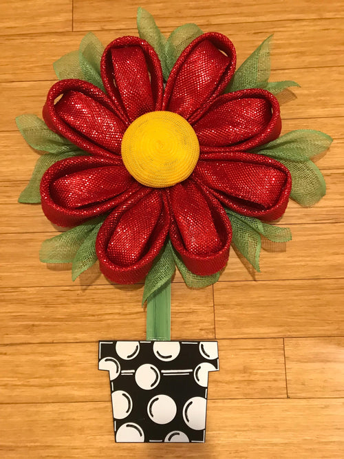 All Occasion Wreath, Daisy Flower in Polka Dot Pot, Unique Door Decor