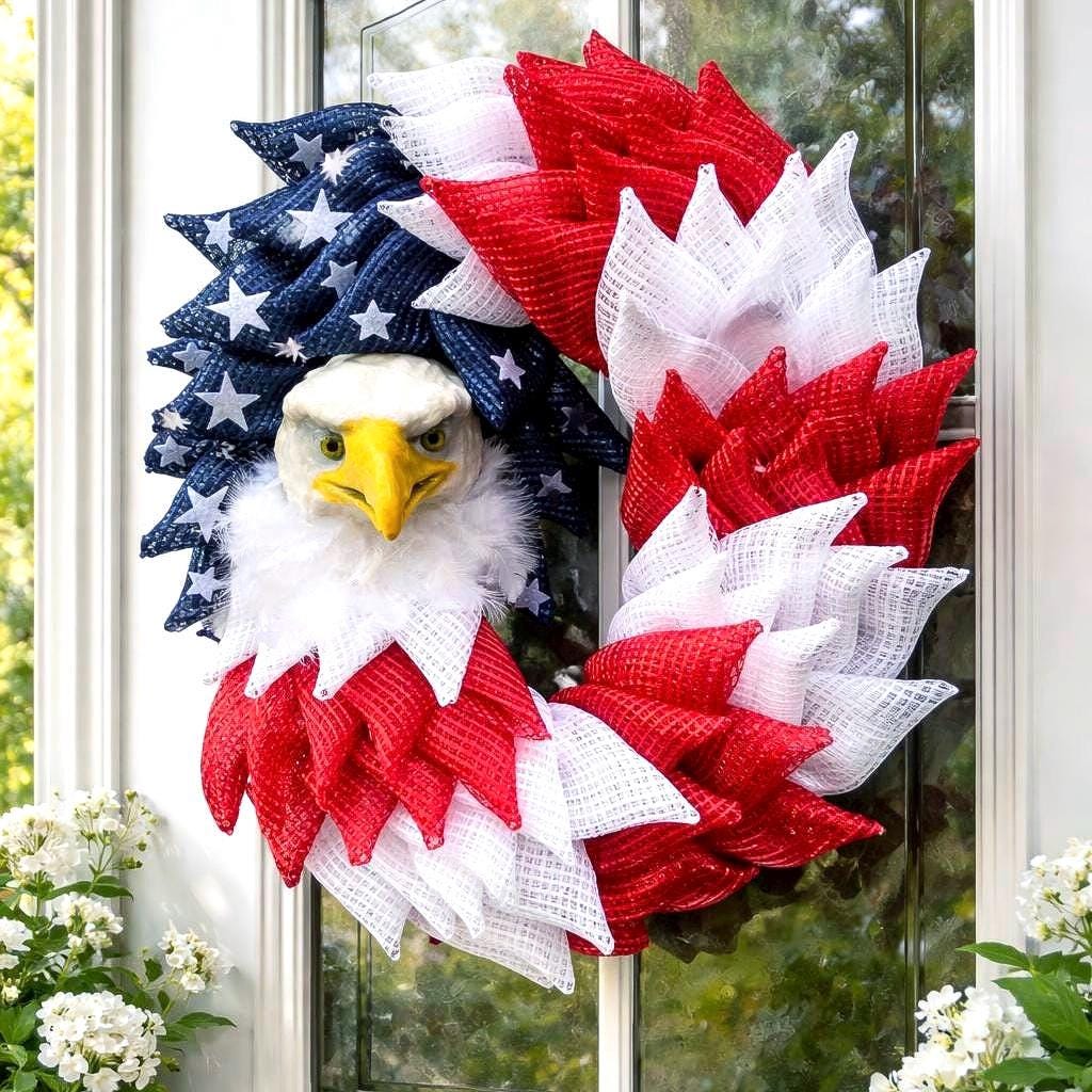 Patriotic Oval Wreath, Lifelike Eagle Head Attachment or Ribbon Bow,  Memorial Day