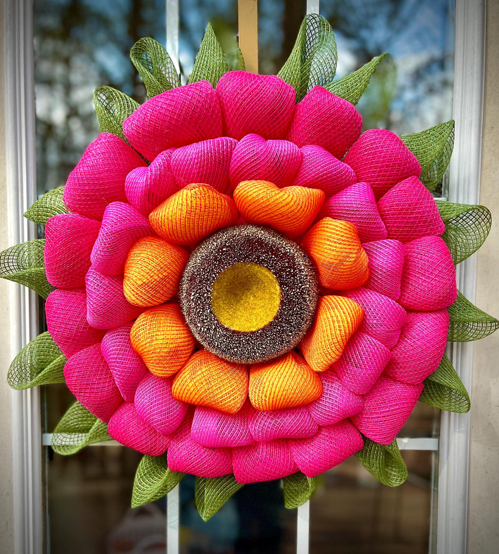 Flower Bloom Wreath, Multicolor Zinnia Flower, Vivid Colors, Handcrafted and Unique