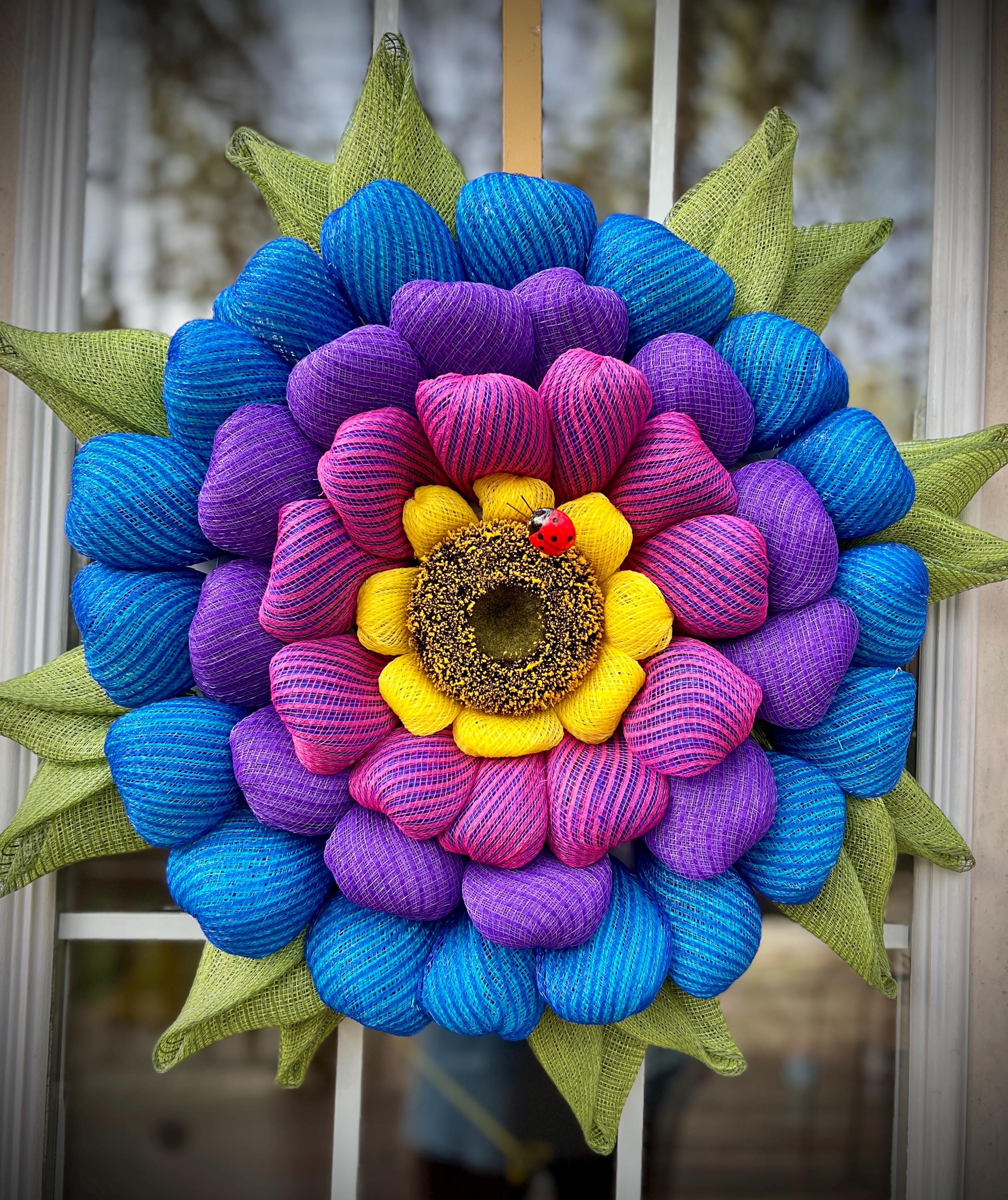 Flower Bloom Wreath, Multicolor Zinnia Flower, Vivid Colors, Handcrafted and Unique