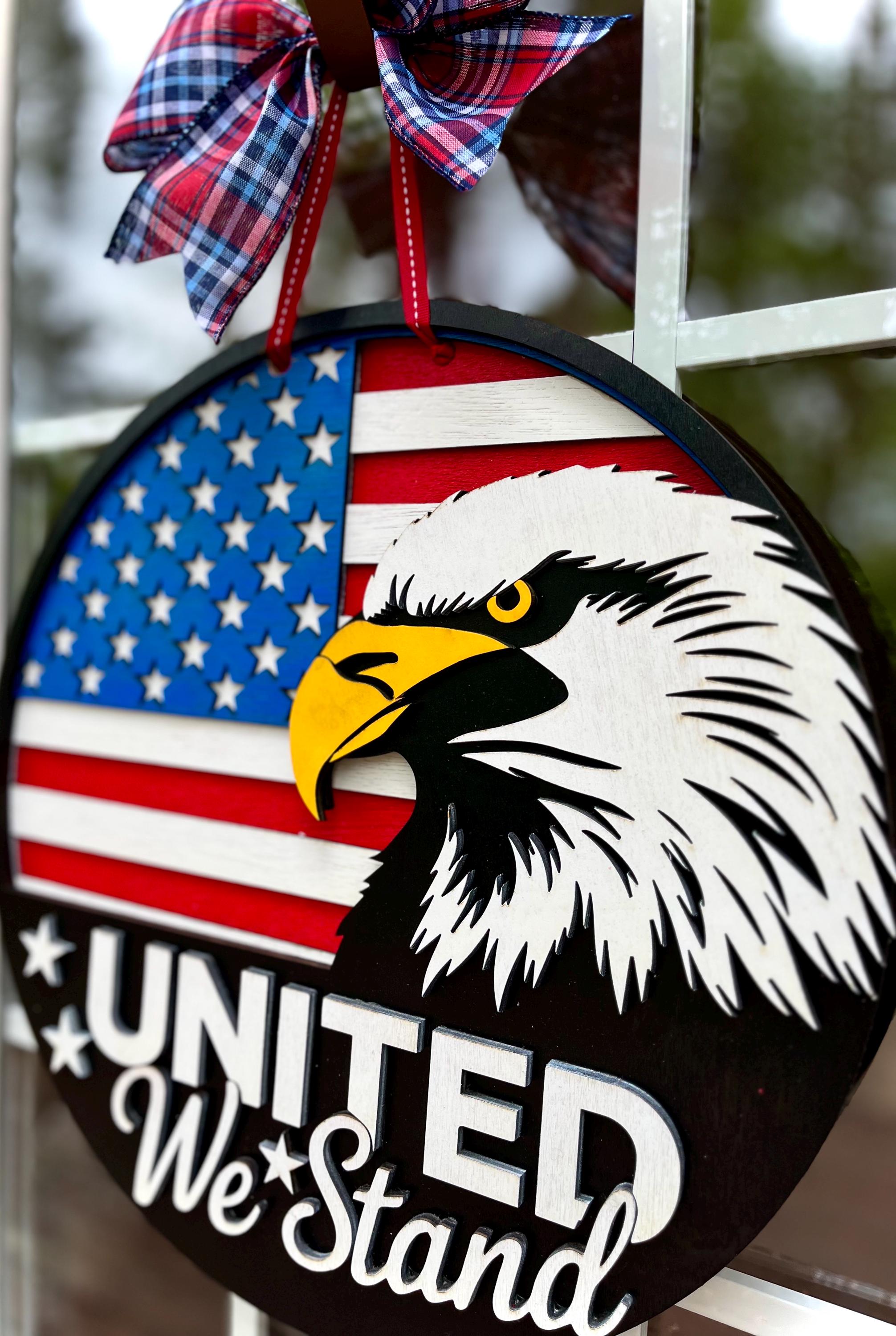 Patriotic Eagle Doorhanger; Majestic, Sharp Colors; “United We Stand”