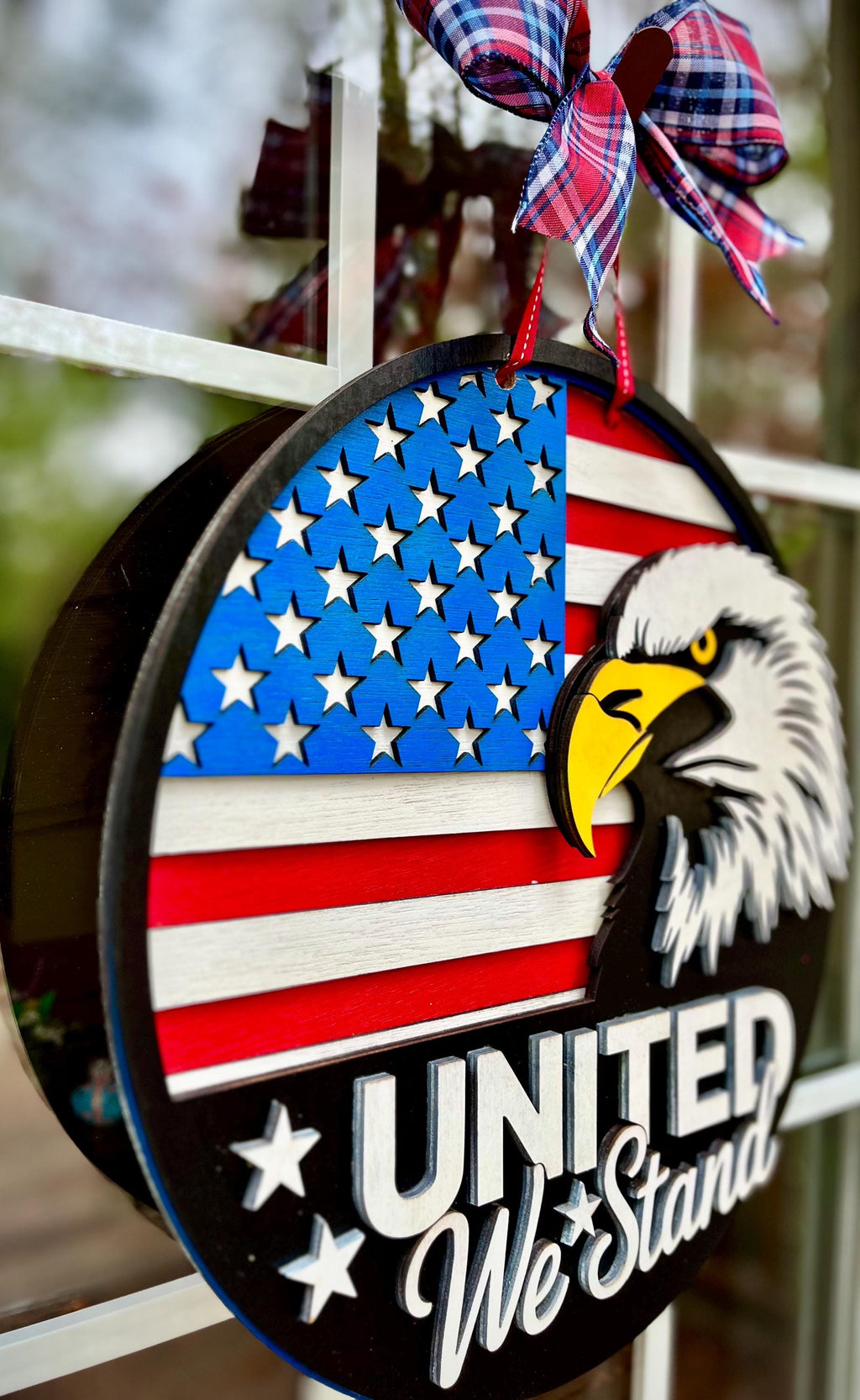 Patriotic Eagle Doorhanger; Majestic, Sharp Colors; “United We Stand”