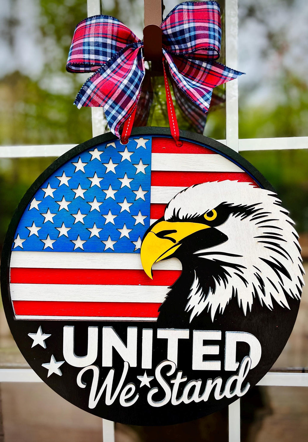 Patriotic Eagle Doorhanger; Majestic, Sharp Colors; “United We Stand”