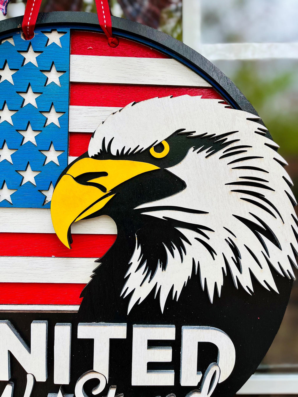 Patriotic Eagle Doorhanger; Majestic, Sharp Colors; “United We Stand”
