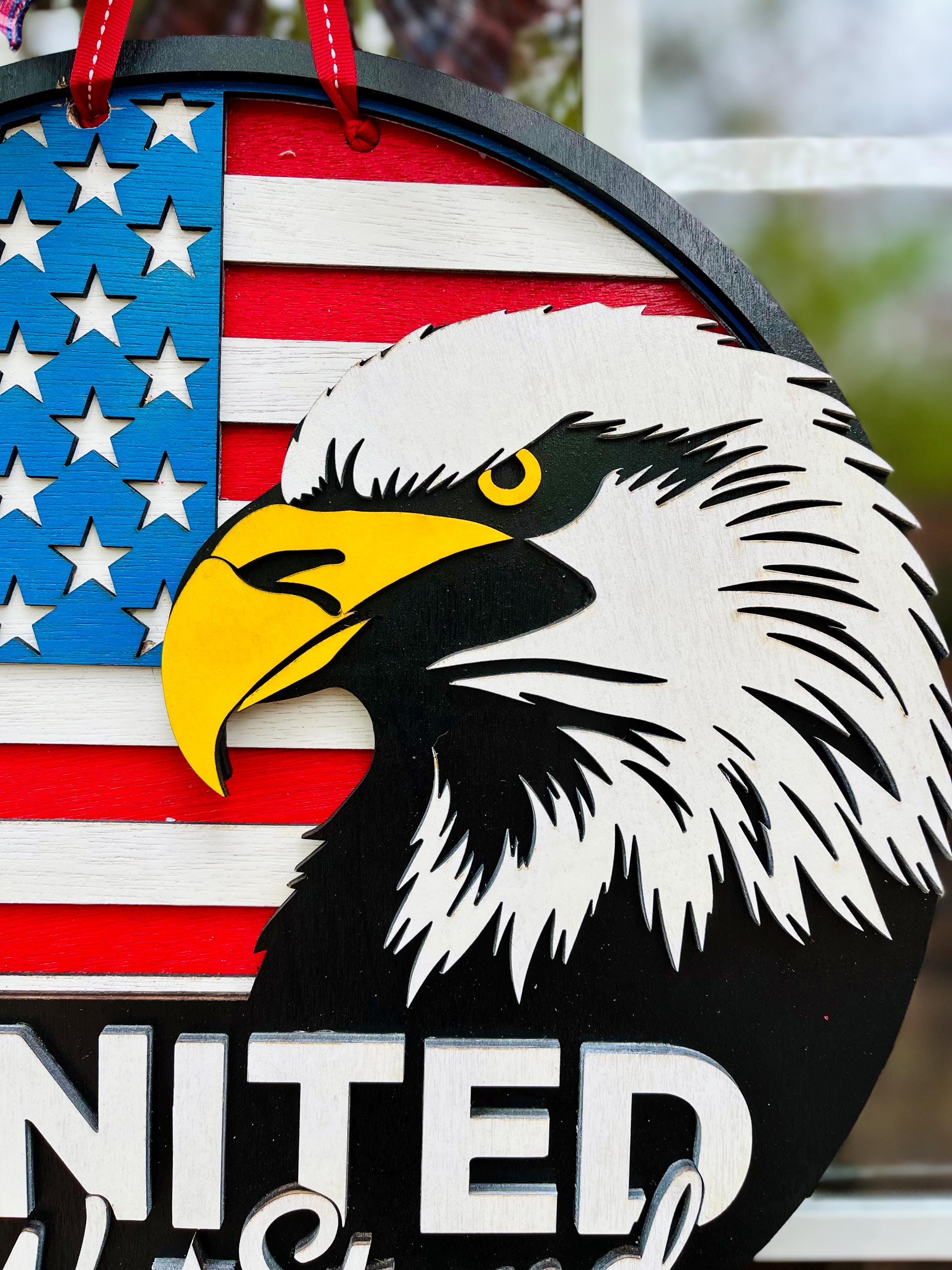 Patriotic Eagle Doorhanger; Majestic, Sharp Colors; “United We Stand”