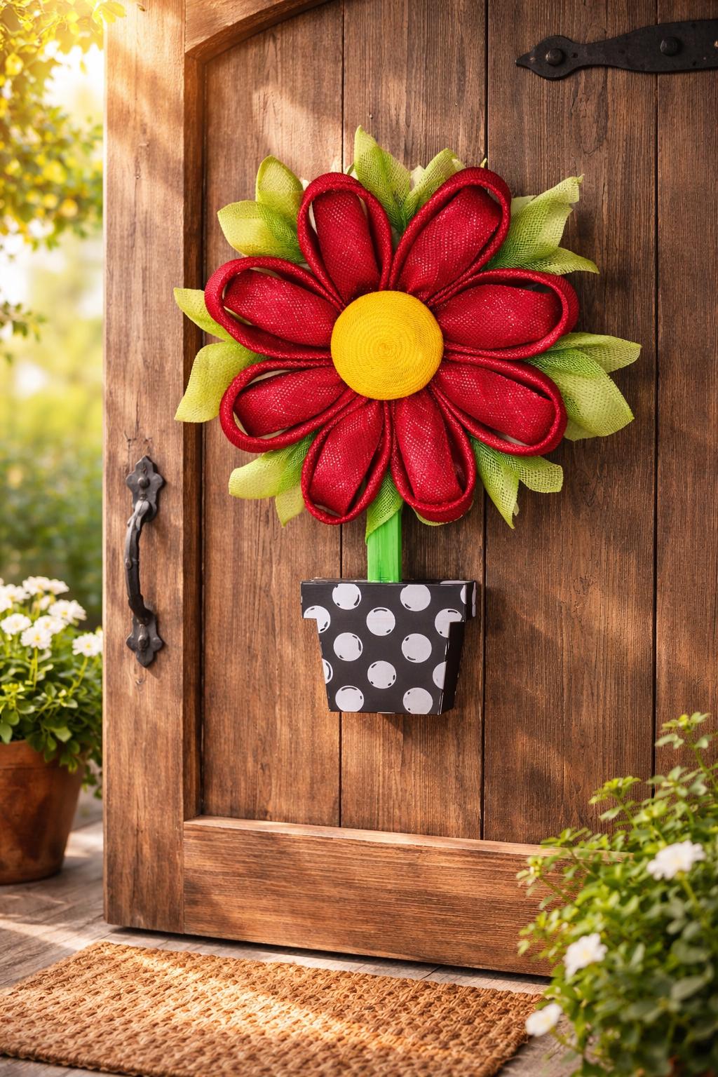All Occasion Wreath, Daisy Flower in Polka Dot Pot, Unique Door Decor