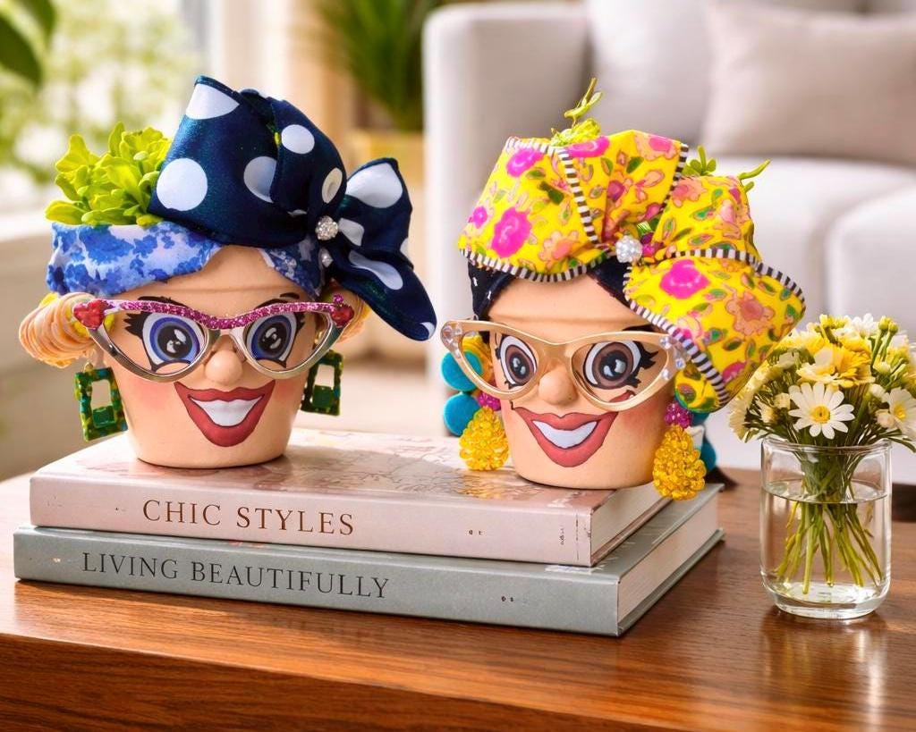 Hand-Painted Lady Face Terracotta Pot, Sassy Whimsical Garden Decor