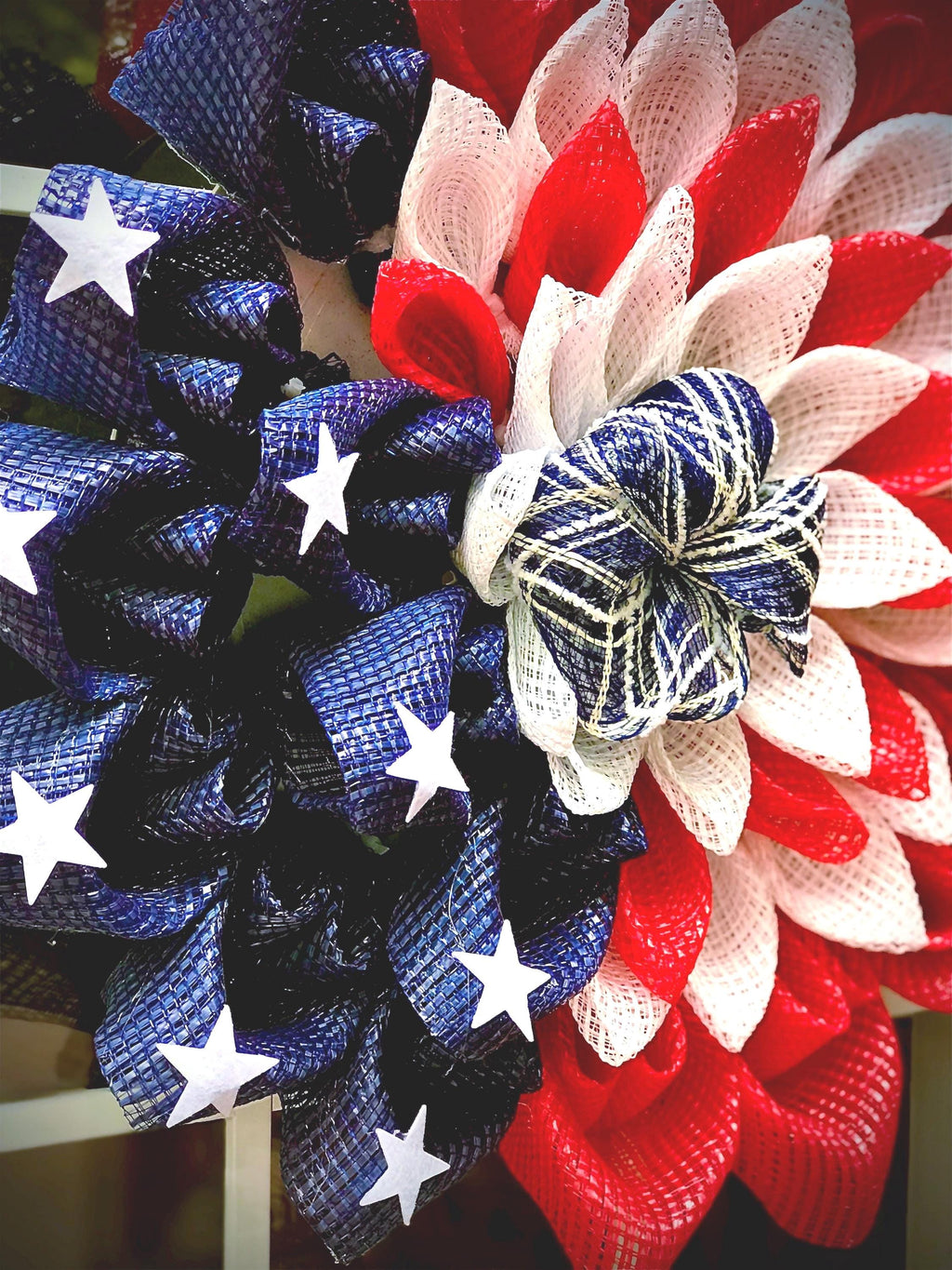 Patriotic Mesh Flower Wreath, Red White Blue, 4th of July Decor