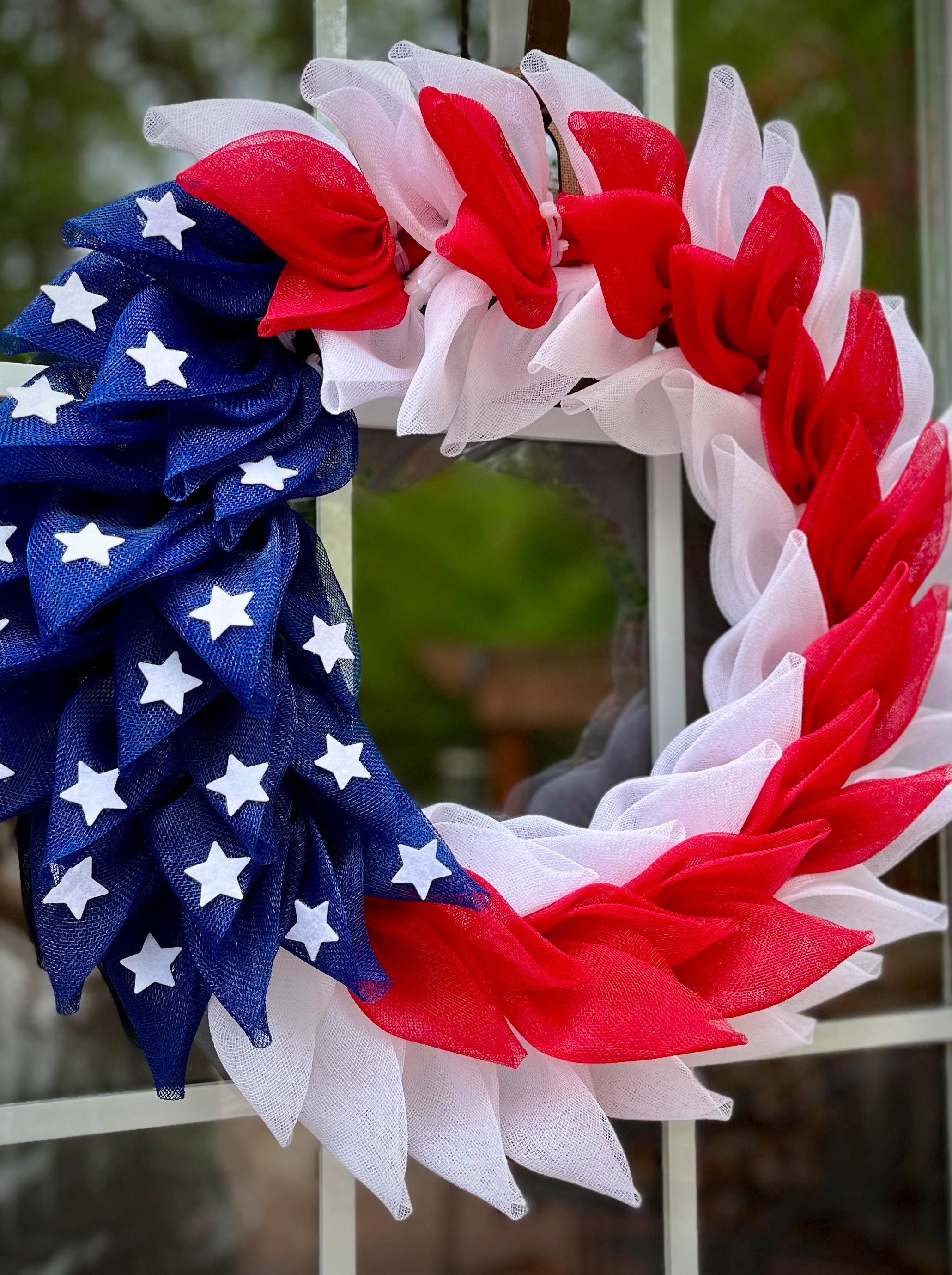 Handcrafted Patriotic Wreath, Red White Blue Stars, Door Decor, 22 Inch Diameter