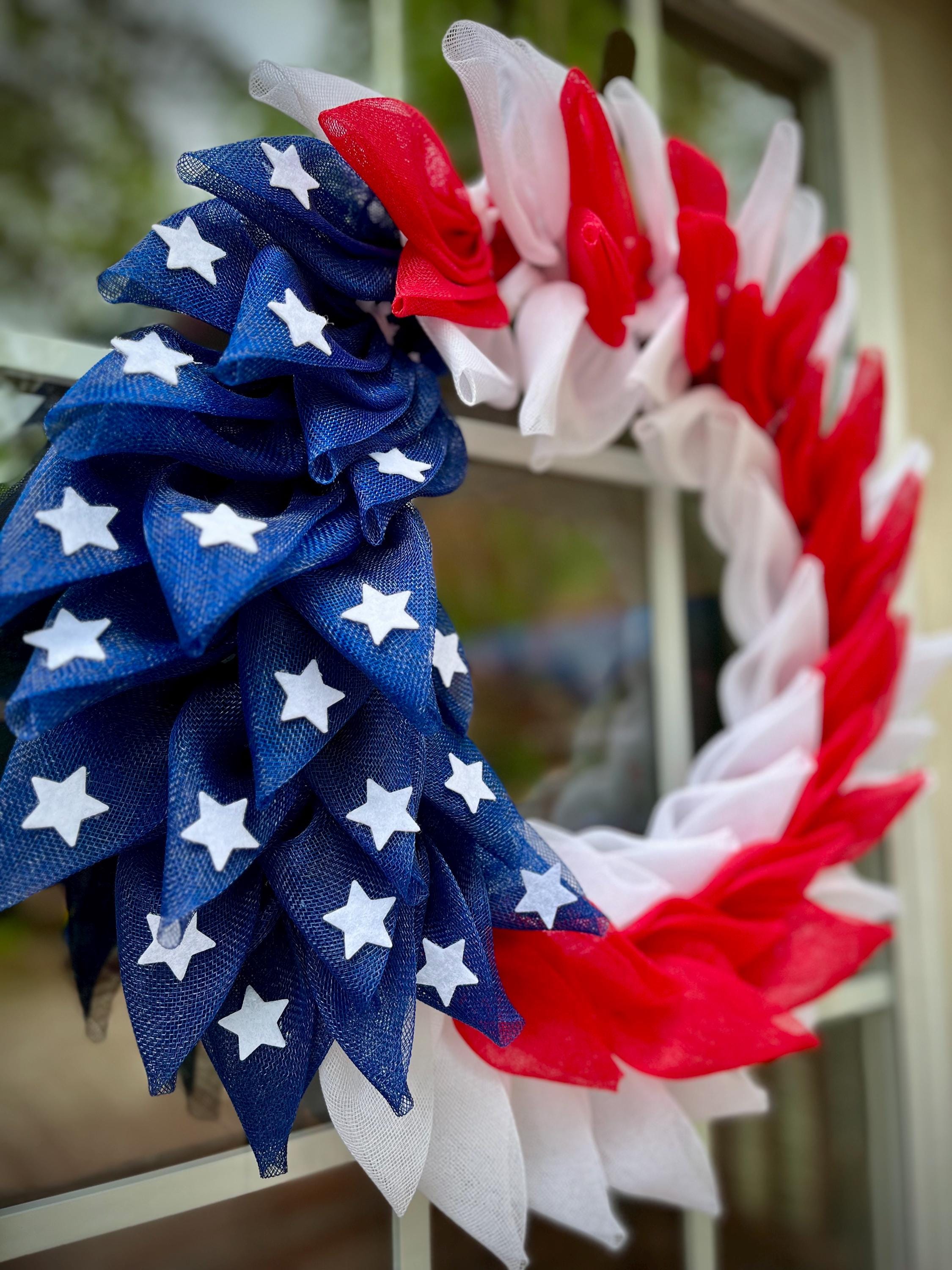 Handcrafted Patriotic Wreath, Red White Blue Stars, Door Decor, 22 Inch Diameter