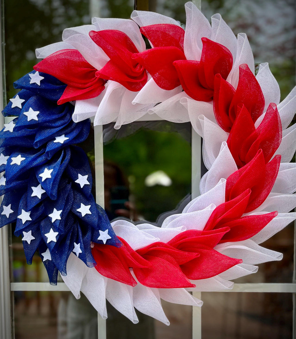 Handcrafted Patriotic Wreath, Red White Blue Stars, Door Decor, 22 Inch Diameter