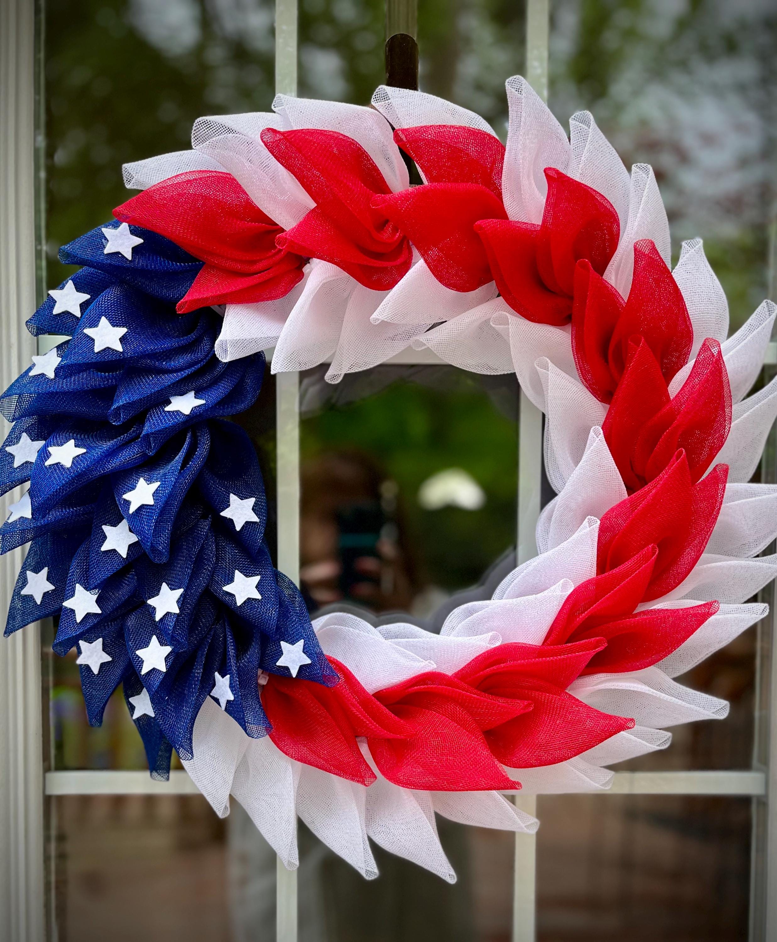 Handcrafted Patriotic Wreath, Red White Blue Stars, Door Decor, 22 Inch Diameter